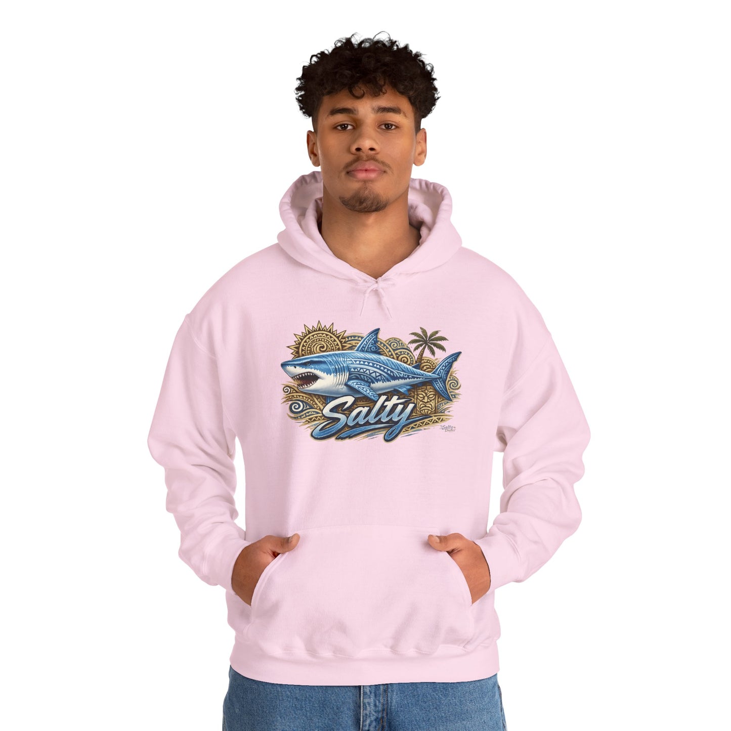 Salty White Shark Surf graphic Hoodie | Beach Palm Sun Ocean Illustration