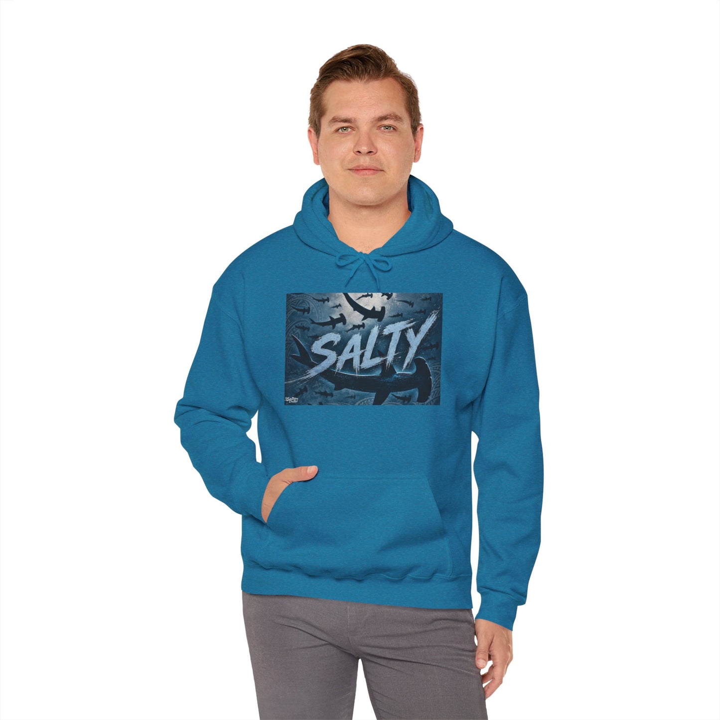 Salty Shark Graphic Hoodie | Ocean Waves, Blue Typography