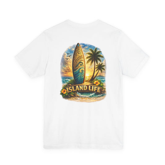 Island Life Surf T-Shirt — Tropical Surfboard & Palm Tree Tee