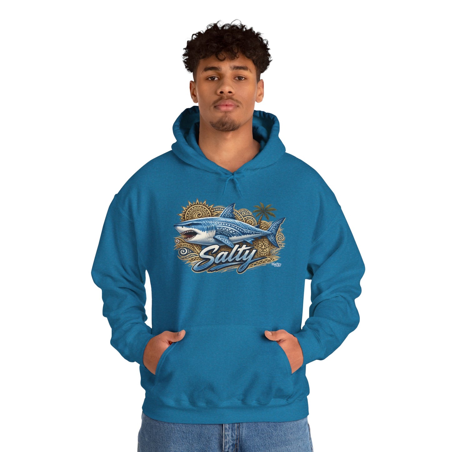 Salty White Shark Surf graphic Hoodie | Beach Palm Sun Ocean Illustration