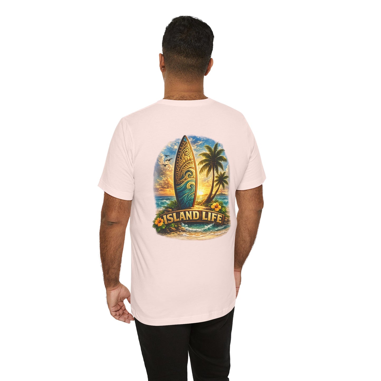 Island Life Surf T-Shirt — Tropical Surfboard & Palm Tree Tee