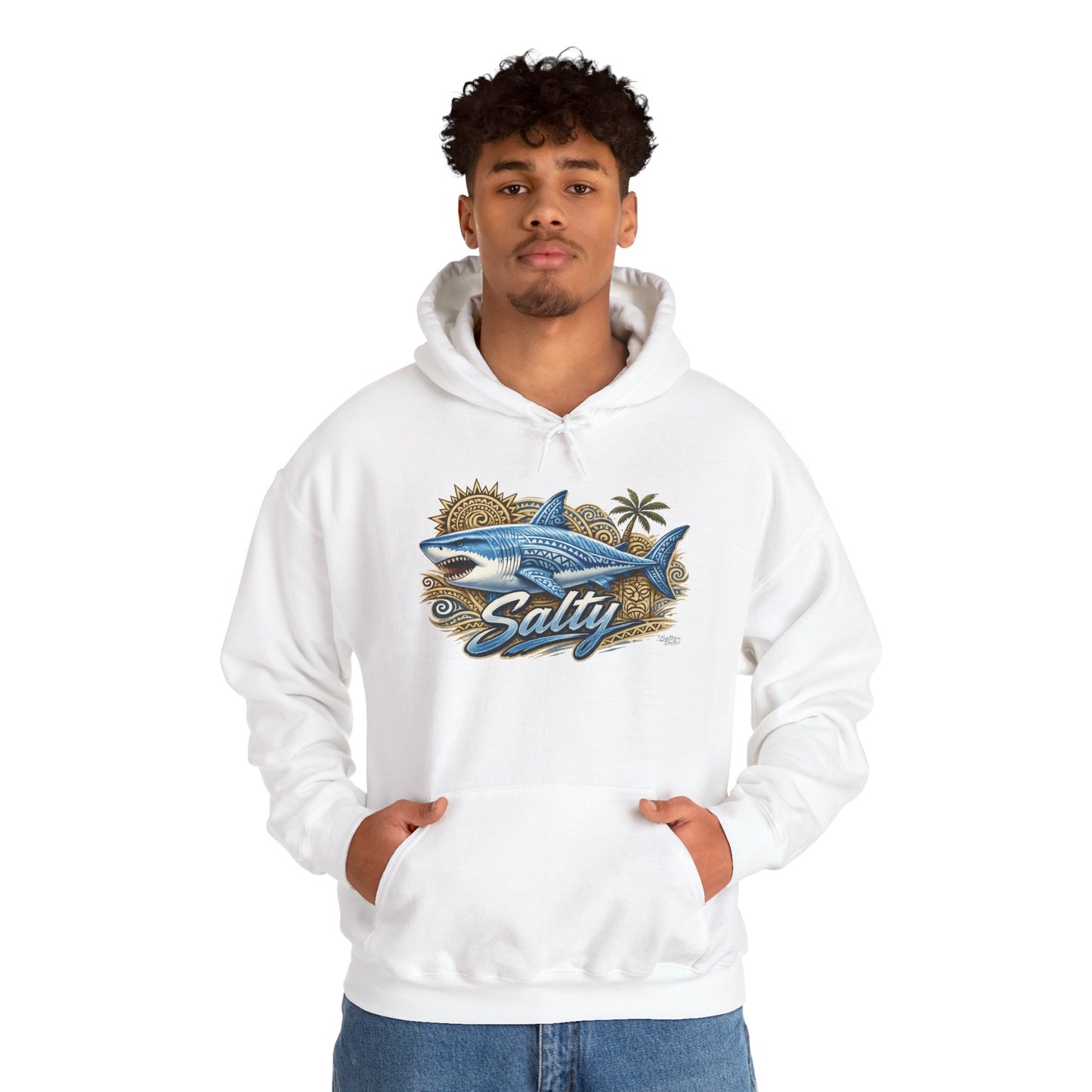 Salty White Shark Surf graphic Hoodie | Beach Palm Sun Ocean Illustration