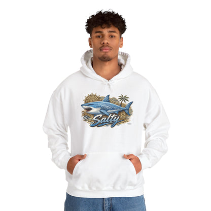 Salty White Shark Surf graphic Hoodie | Beach Palm Sun Ocean Illustration