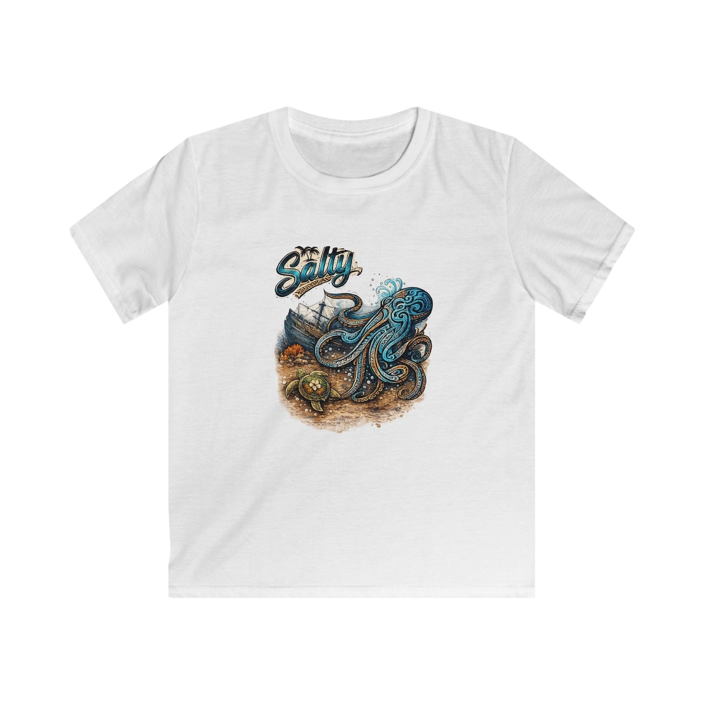 Kids Tee – Colorful Octopus Beach Illustration with "Salty" Script