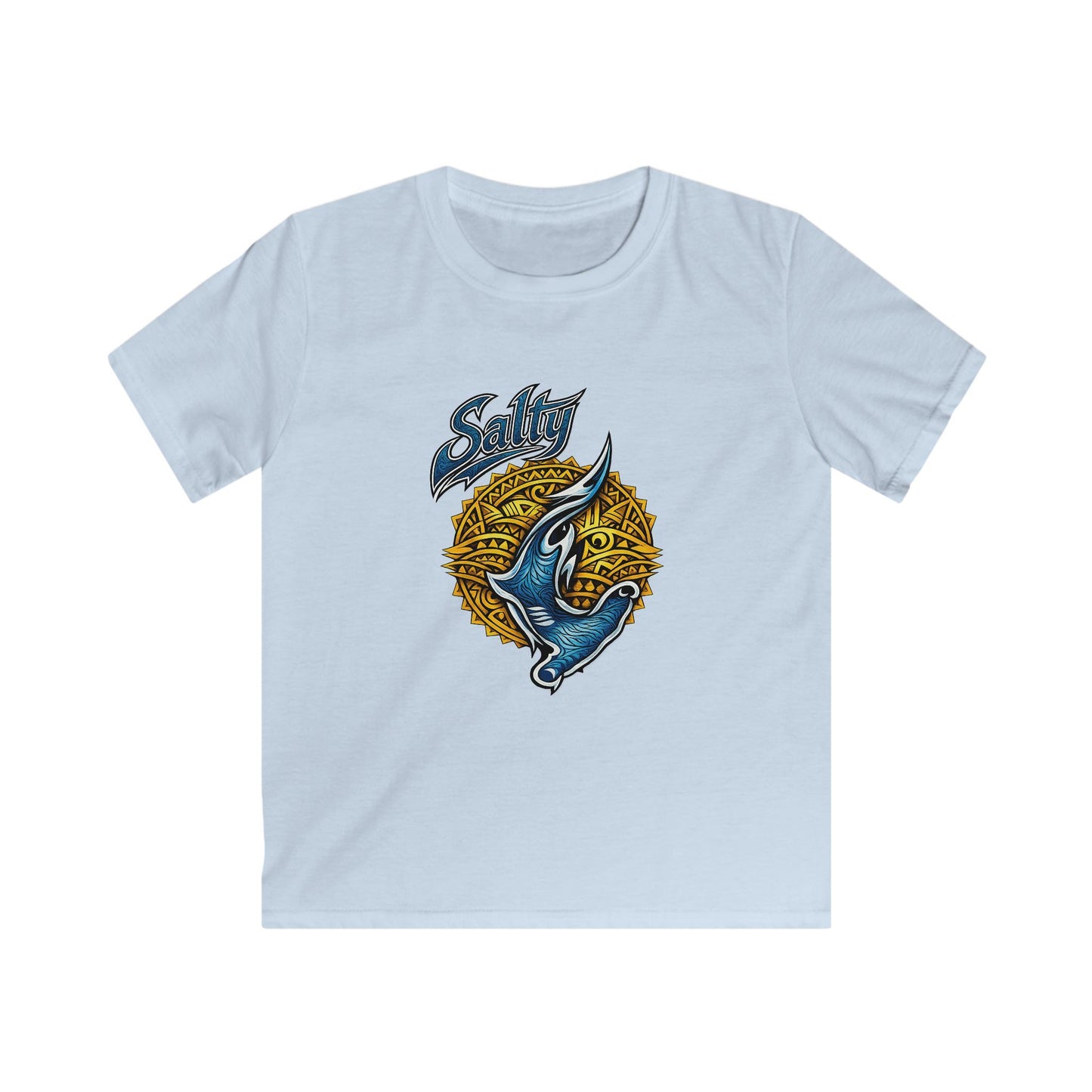 Kids Tee — Blue Shark Graphic “Shaka” Surf Style