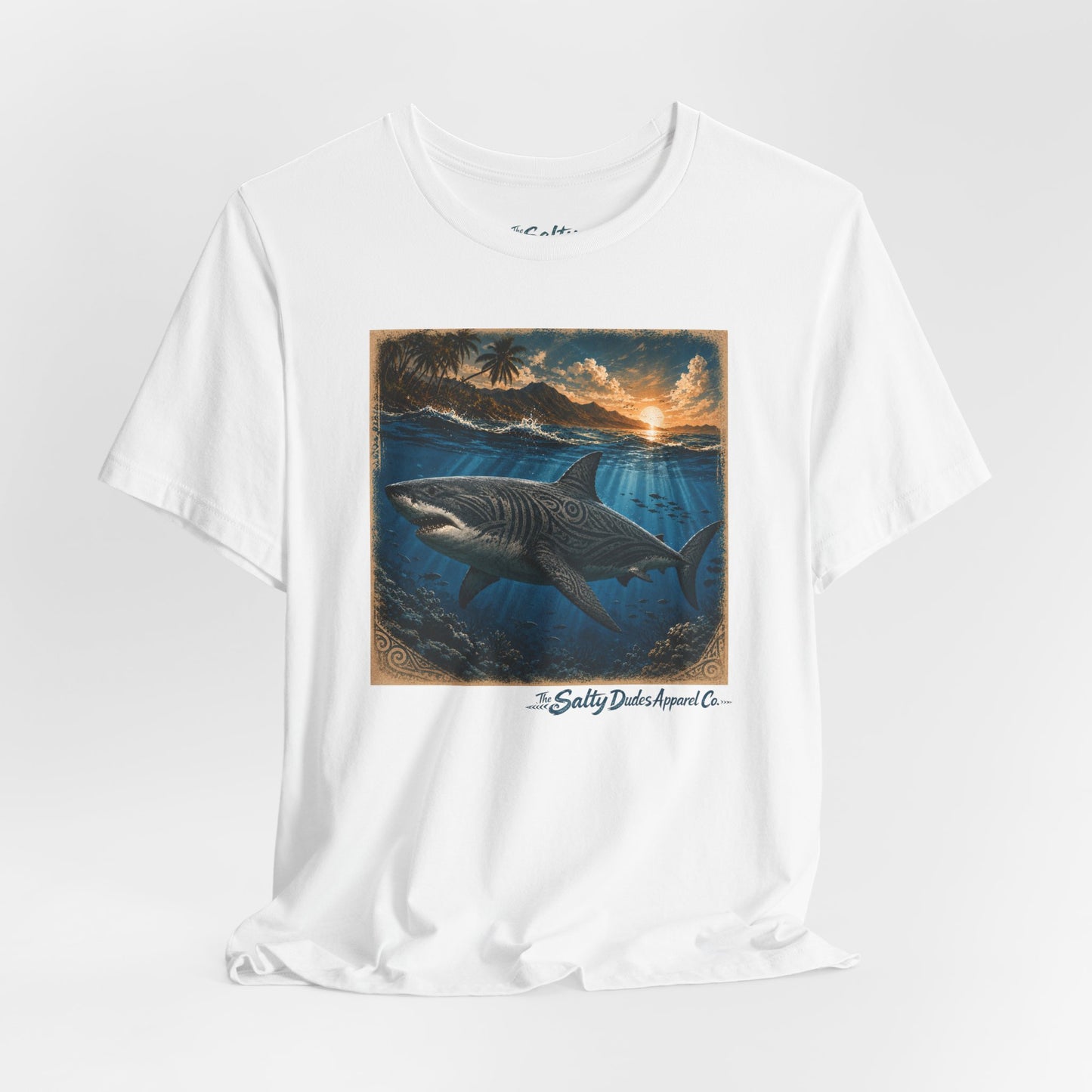 Great White Sunset Graphic Tee — Ocean Surf Adventure Shirt