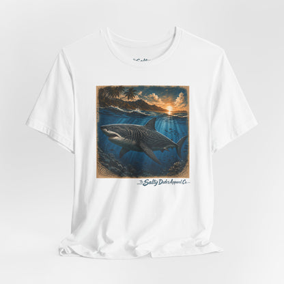 Great White Sunset Graphic Tee — Ocean Surf Adventure Shirt