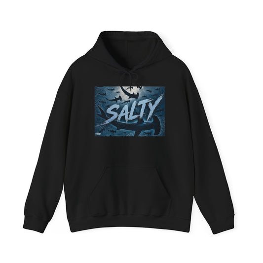 Salty Shark Graphic Hoodie | Ocean Waves, Blue Typography
