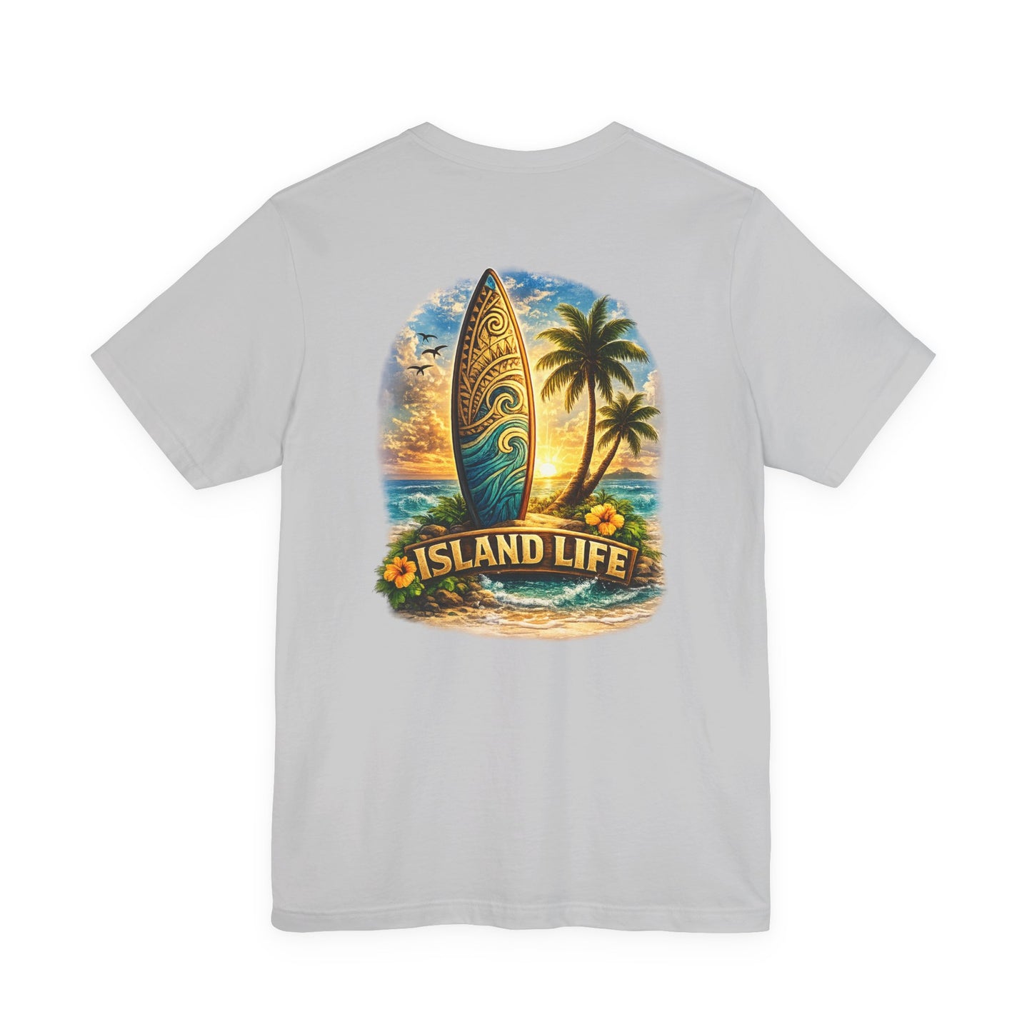 Island Life Surf T-Shirt — Tropical Surfboard & Palm Tree Tee