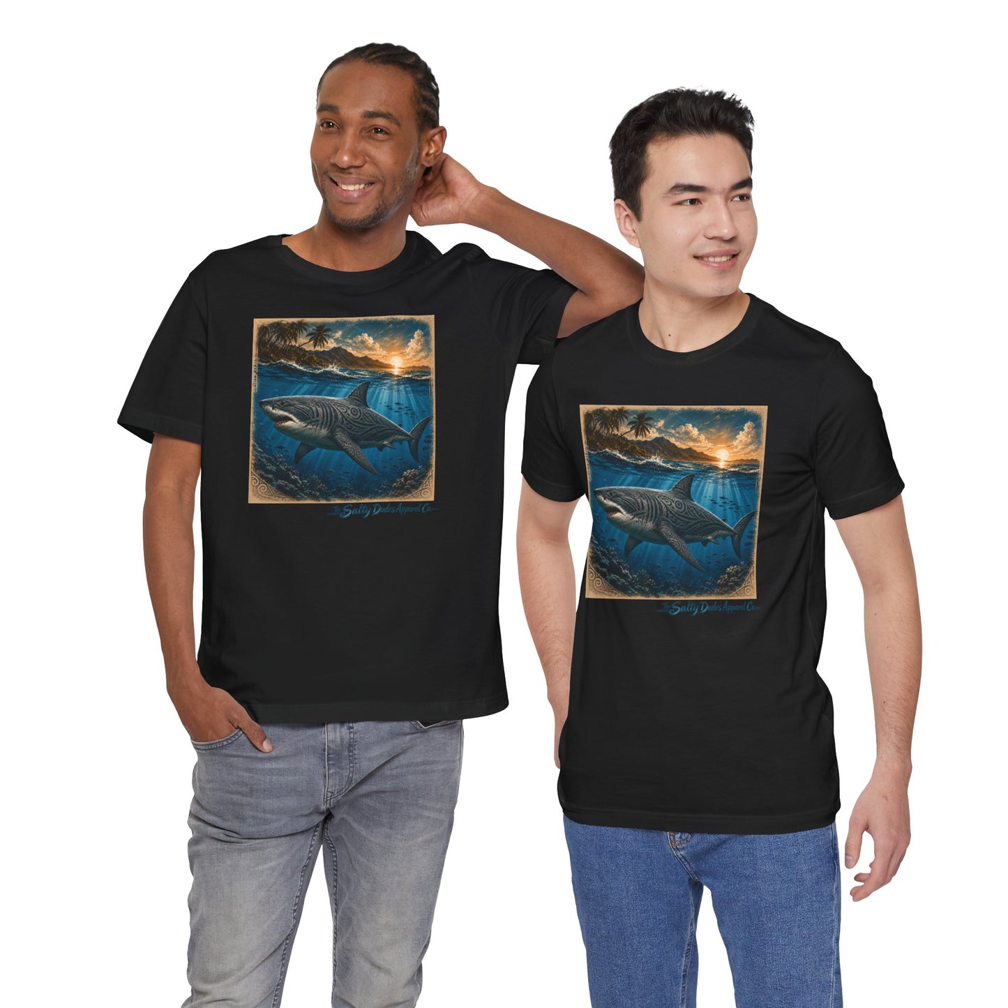 Great White Sunset Graphic Tee — Ocean Surf Adventure Shirt