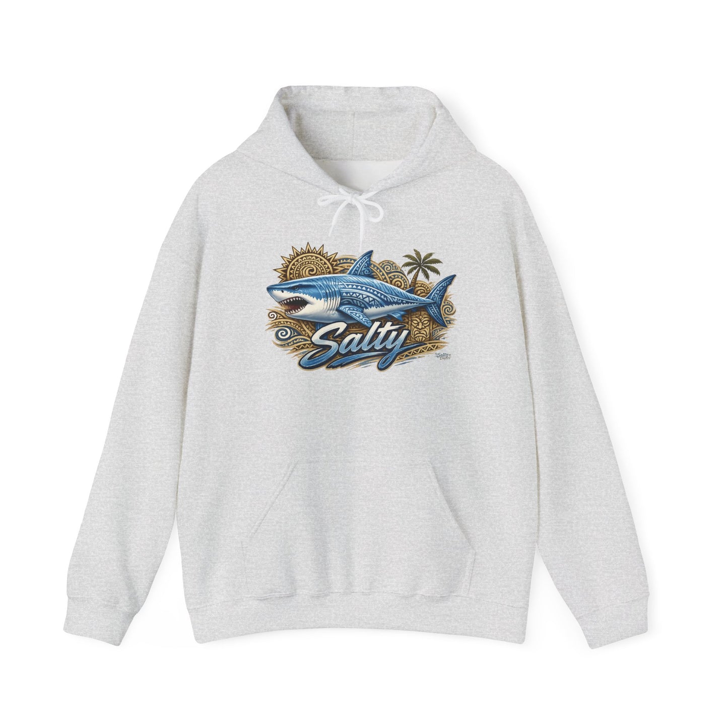 Salty White Shark Surf graphic Hoodie | Beach Palm Sun Ocean Illustration