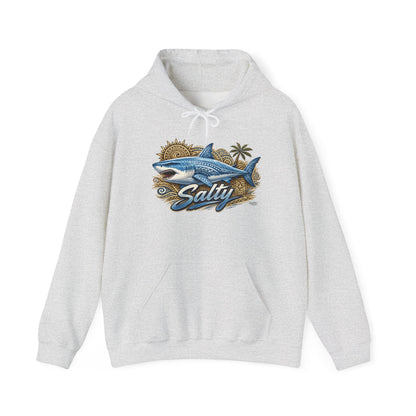 Salty White Shark Surf graphic Hoodie | Beach Palm Sun Ocean Illustration