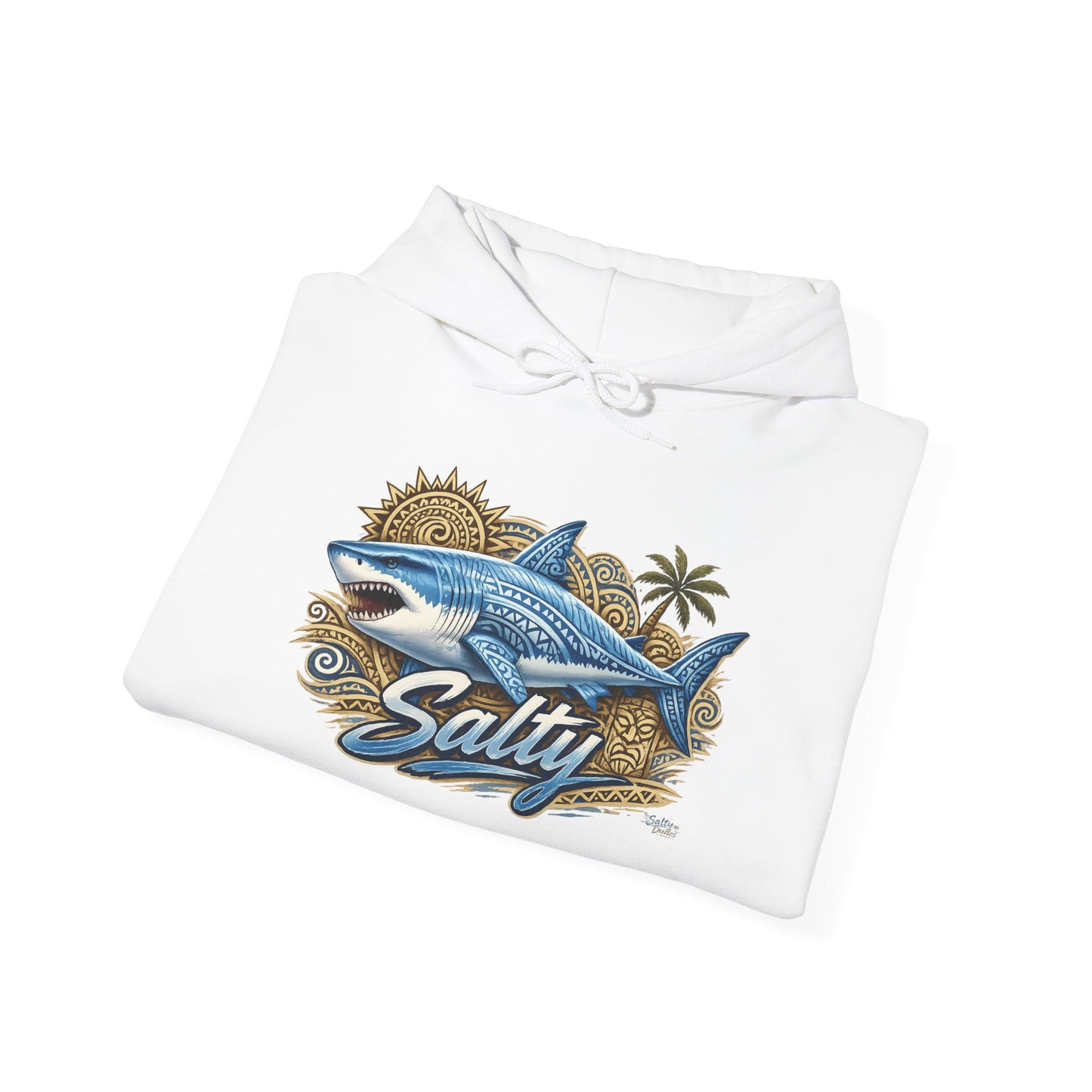 Salty White Shark Surf graphic Hoodie | Beach Palm Sun Ocean Illustration