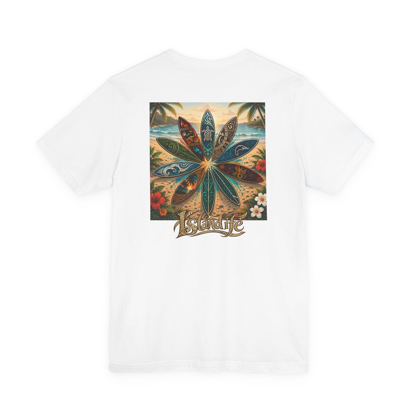 Surfboard Round Table Tee — Tropical Beach Vibes Graphic T-Shirt