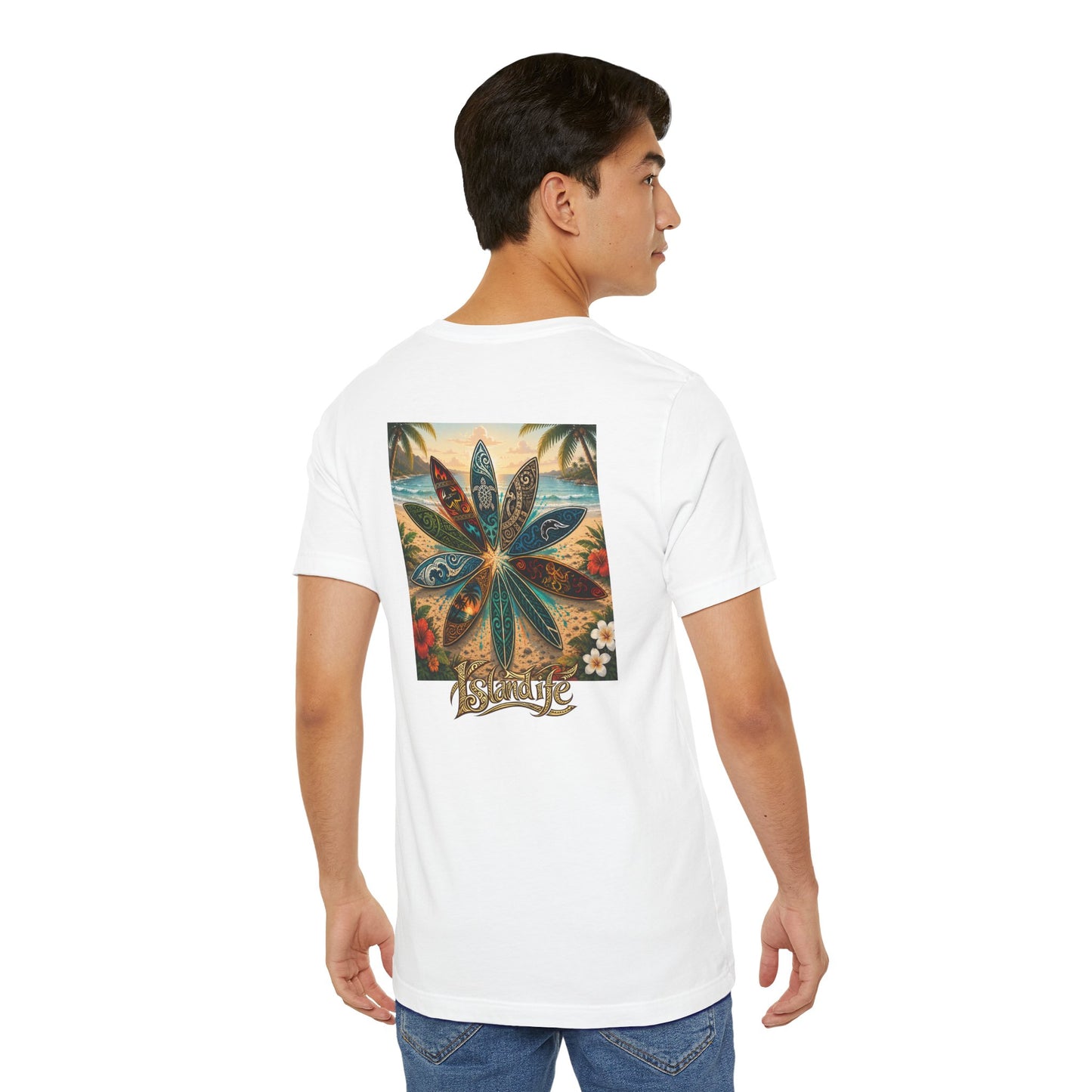 Surfboard Round Table Tee — Tropical Beach Vibes Graphic T-Shirt