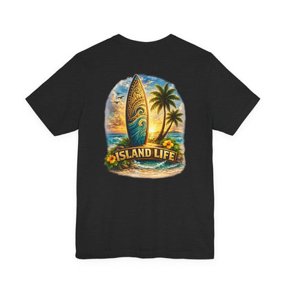 Island Life Surf T-Shirt — Tropical Surfboard & Palm Tree Tee