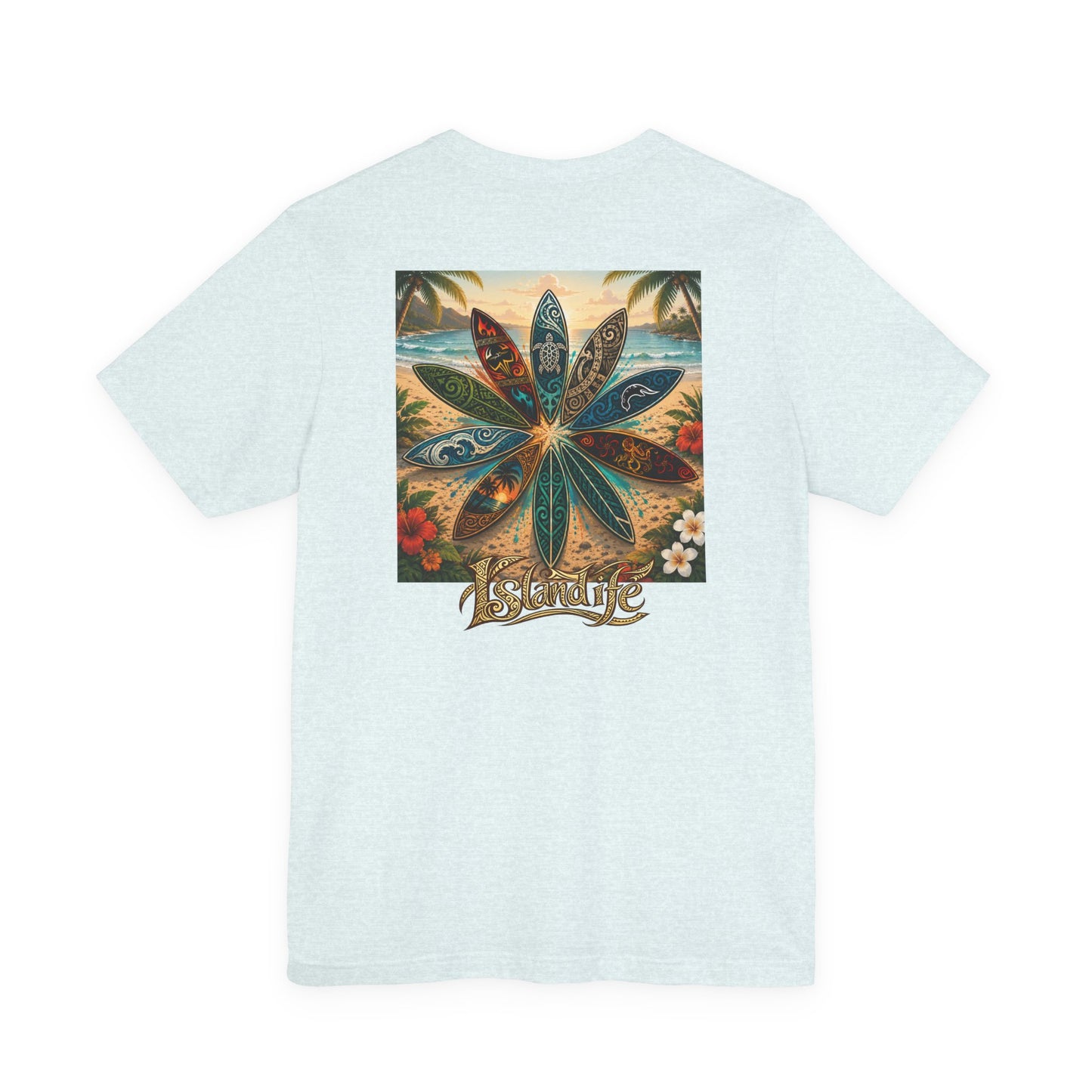 Surfboard Round Table Tee — Tropical Beach Vibes Graphic T-Shirt