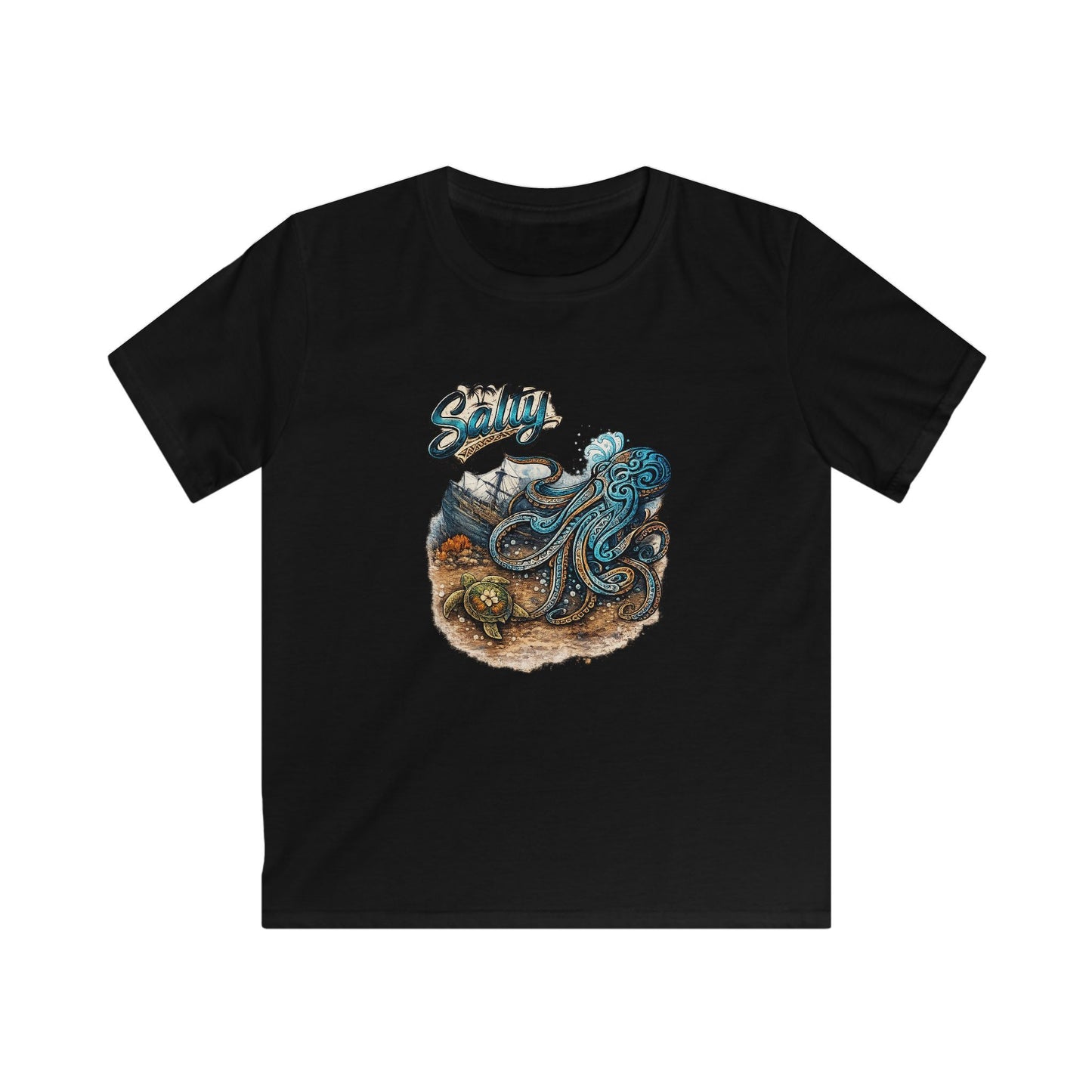 Kids Tee – Colorful Octopus Beach Illustration with "Salty" Script