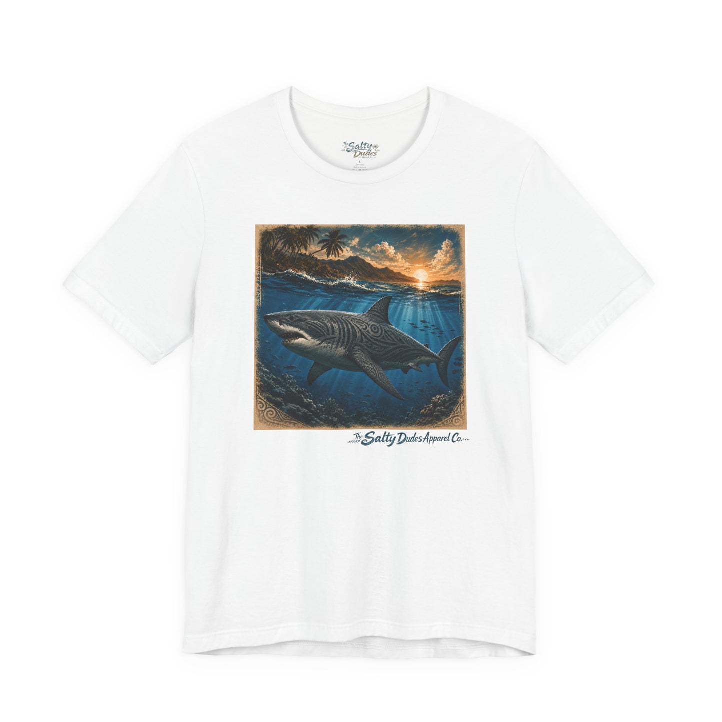 Great White Sunset Graphic Tee — Ocean Surf Adventure Shirt
