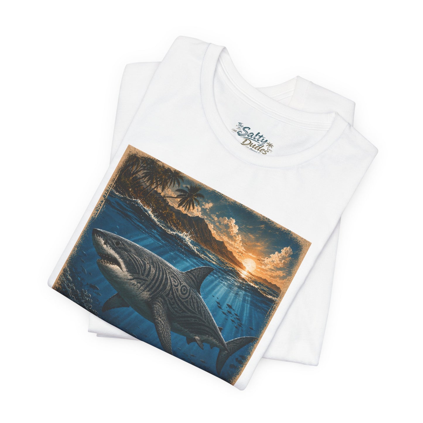 Great White Sunset Graphic Tee — Ocean Surf Adventure Shirt