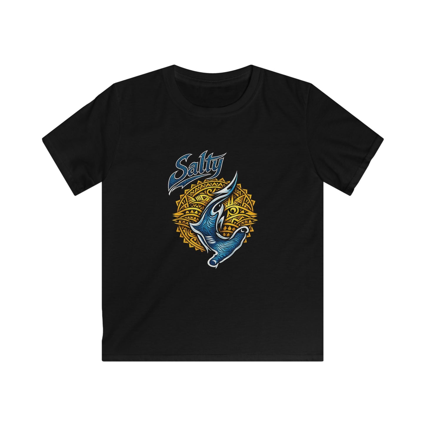 Kids Tee — Blue Shark Graphic “Shaka” Surf Style