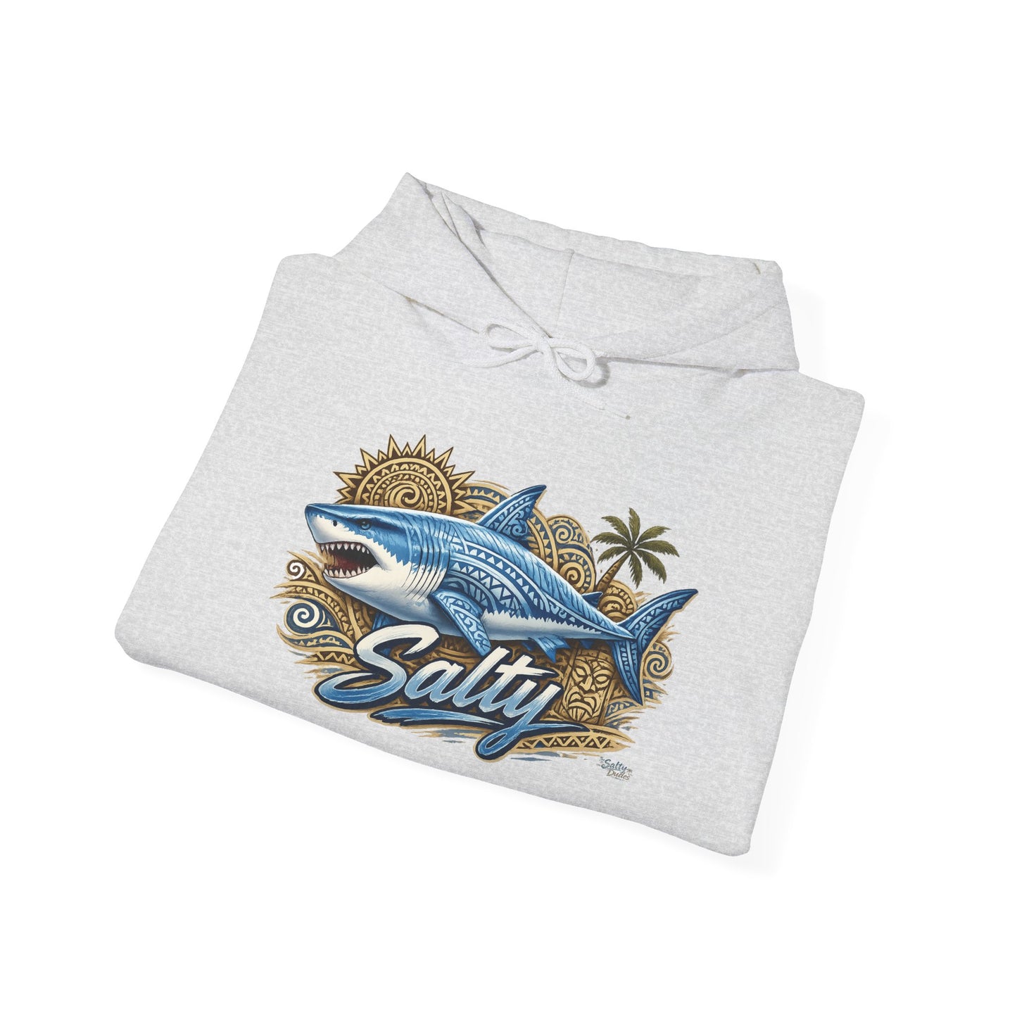 Salty White Shark Surf graphic Hoodie | Beach Palm Sun Ocean Illustration