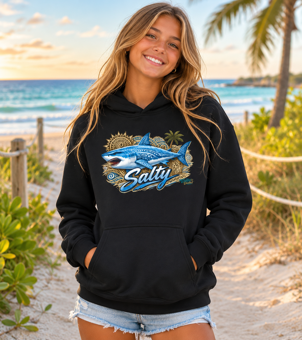 Youth Hoodie — 'Salty' Shark Surf Graphic