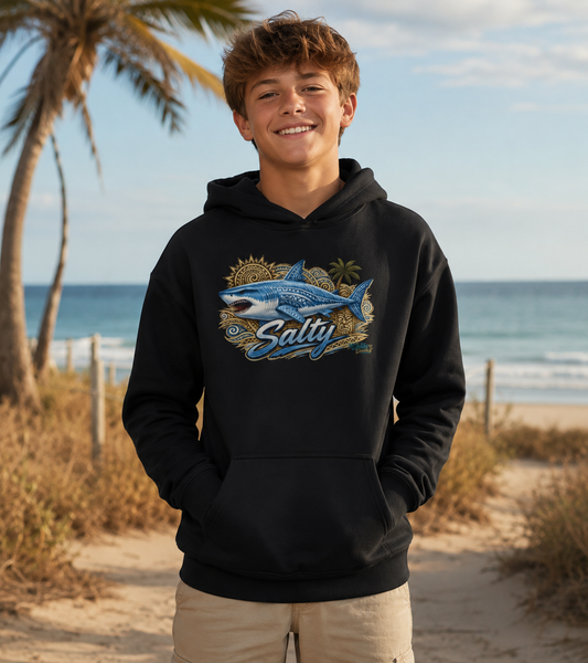 Youth Hoodie — 'Salty' Shark Surf Graphic