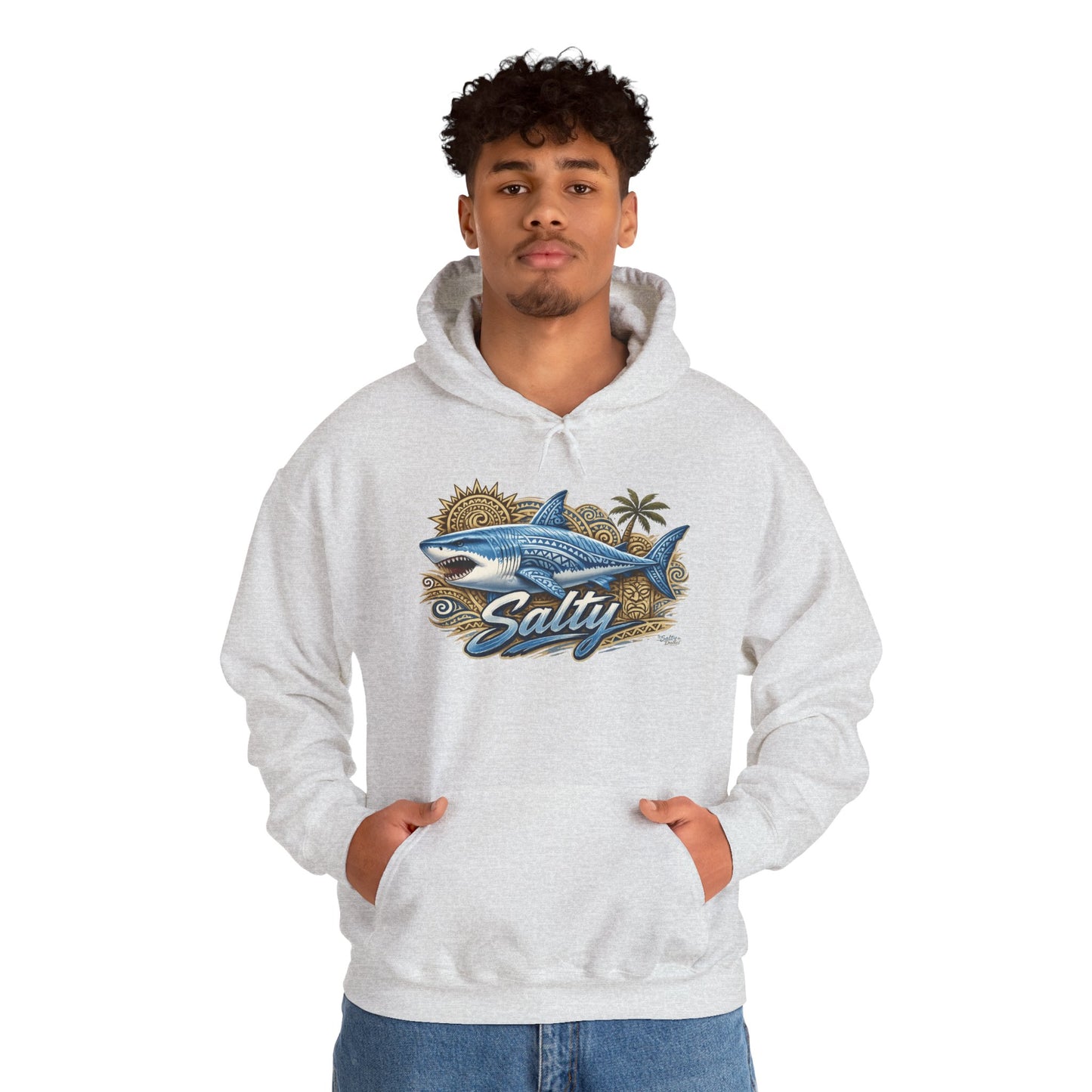 Salty White Shark Surf graphic Hoodie | Beach Palm Sun Ocean Illustration