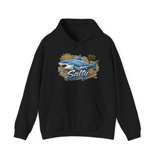 Salty White Shark Surf graphic Hoodie | Beach Palm Sun Ocean Illustration