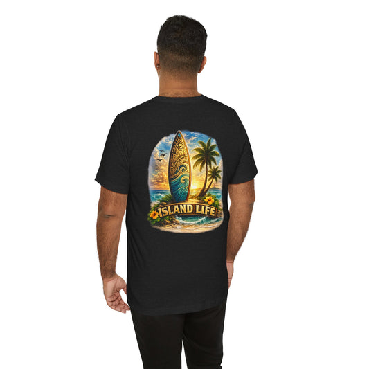 Island Life Surf T-Shirt — Tropical Surfboard & Palm Tree Tee
