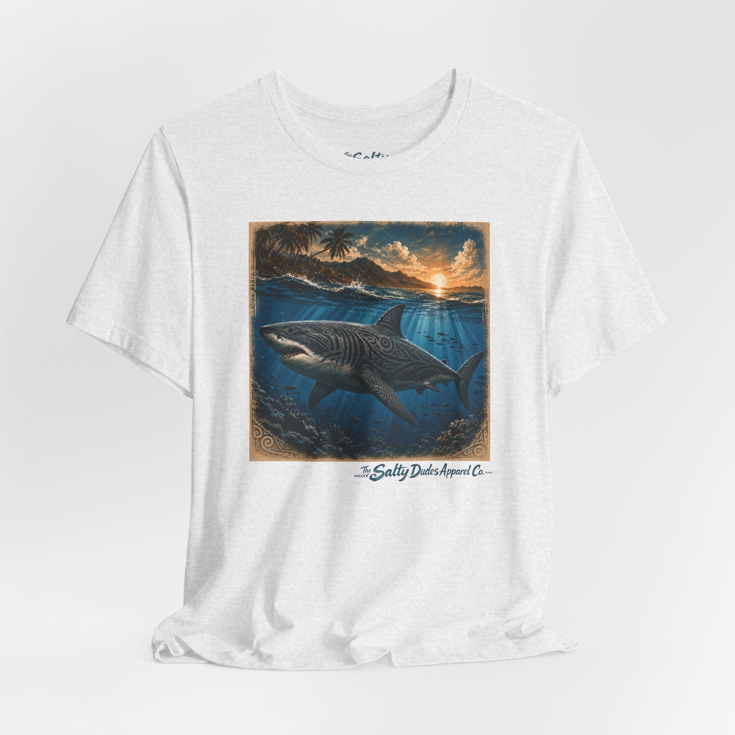 Great White Sunset Graphic Tee — Ocean Surf Adventure Shirt