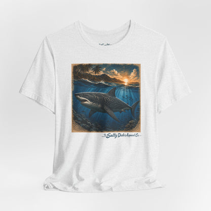 Great White Sunset Graphic Tee — Ocean Surf Adventure Shirt