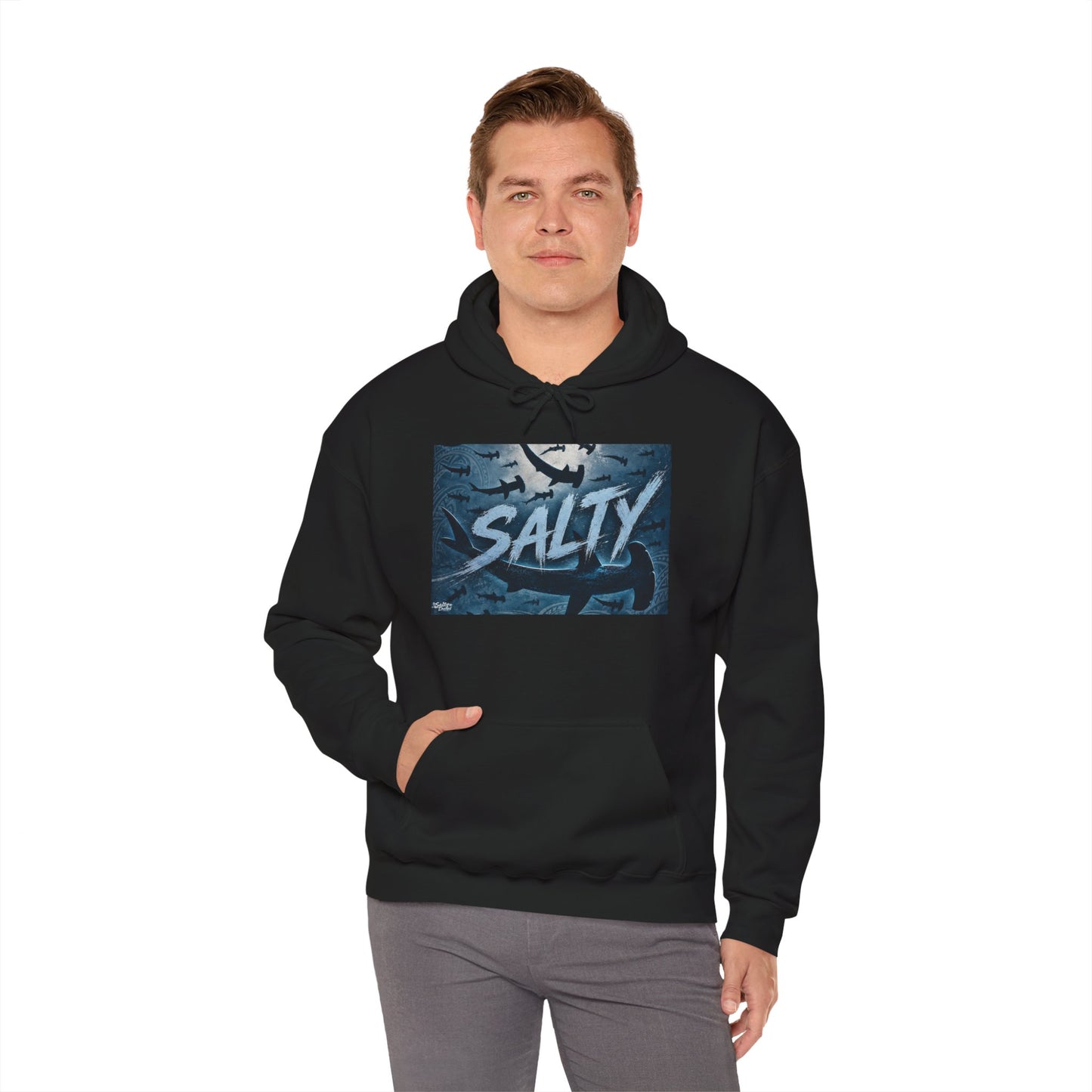 Salty Shark Graphic Hoodie | Ocean Waves, Blue Typography