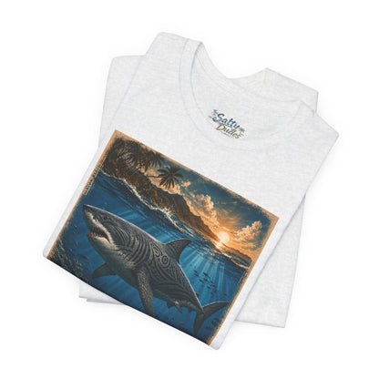 Great White Sunset Graphic Tee — Ocean Surf Adventure Shirt