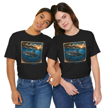 Great White Sunset Graphic Tee — Ocean Surf Adventure Shirt