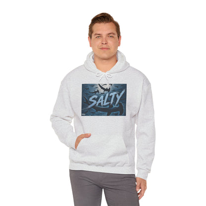 Salty Shark Graphic Hoodie | Ocean Waves, Blue Typography