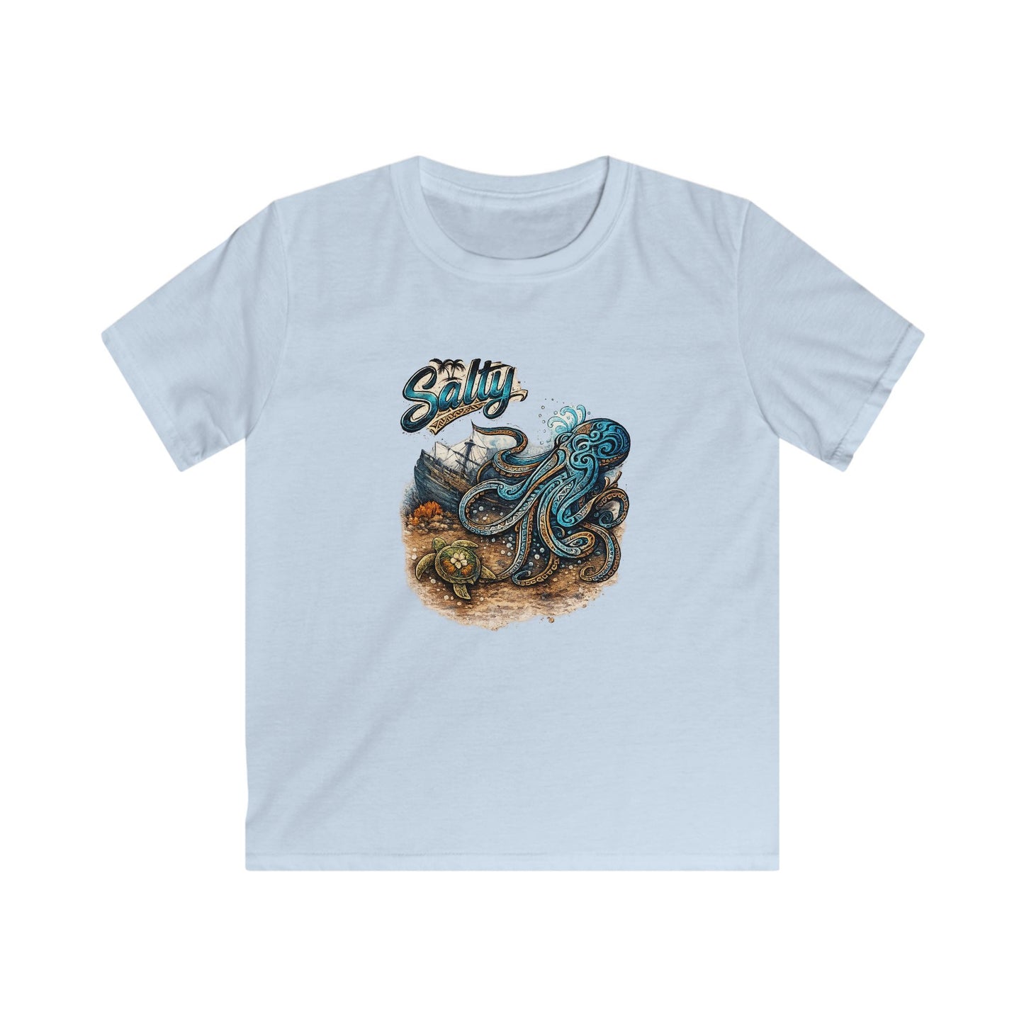 Kids Tee – Colorful Octopus Beach Illustration with "Salty" Script