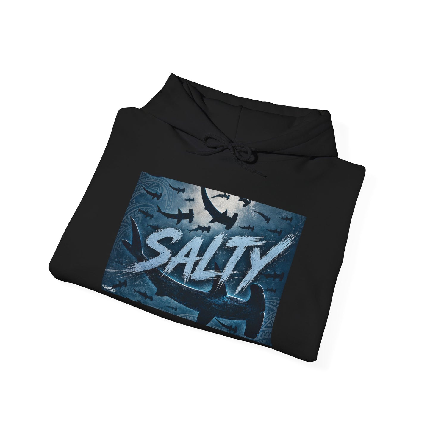 Salty Shark Graphic Hoodie | Ocean Waves, Blue Typography