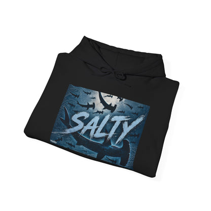 Salty Shark Graphic Hoodie | Ocean Waves, Blue Typography