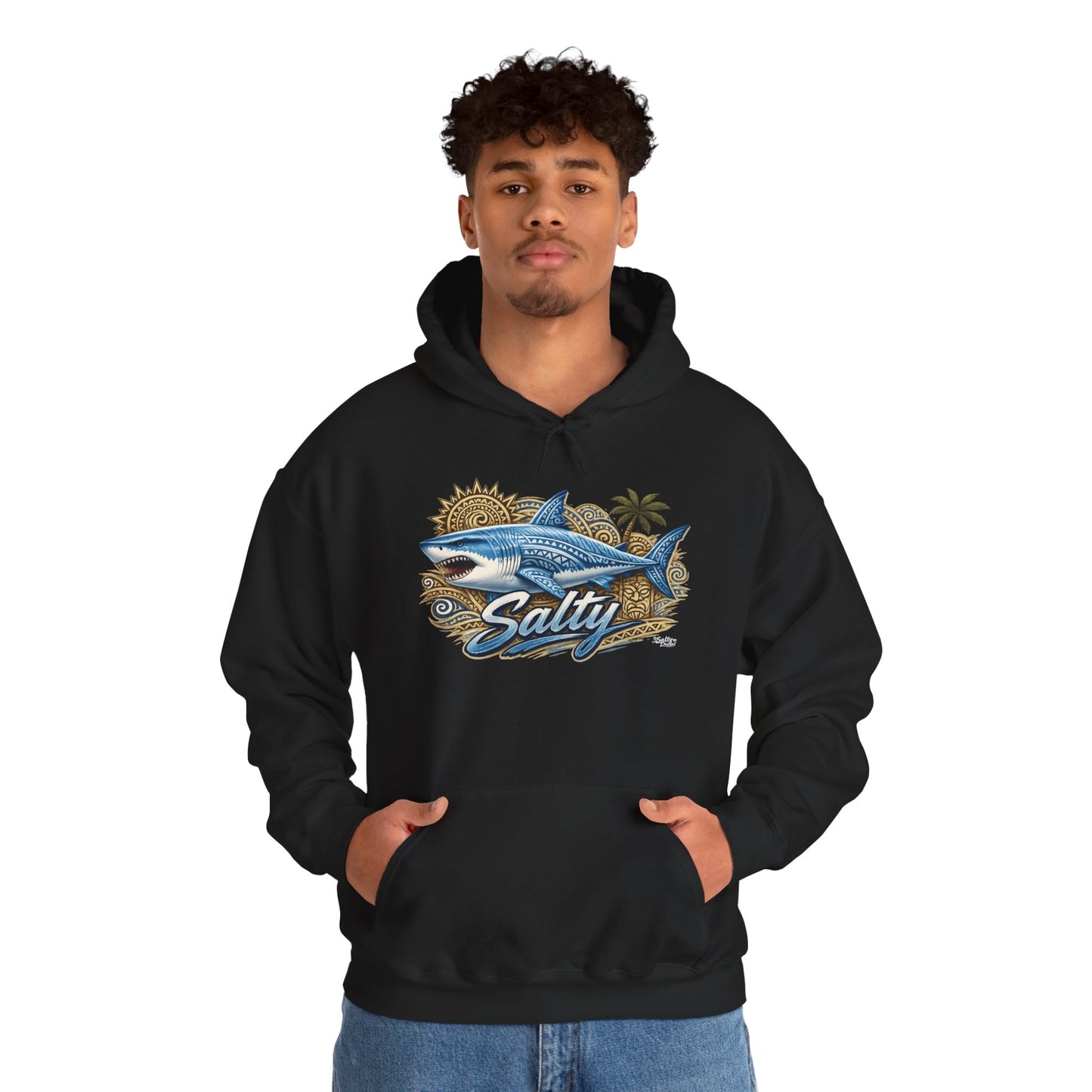 Salty White Shark Surf graphic Hoodie | Beach Palm Sun Ocean Illustration
