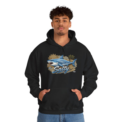 Salty White Shark Surf graphic Hoodie | Beach Palm Sun Ocean Illustration