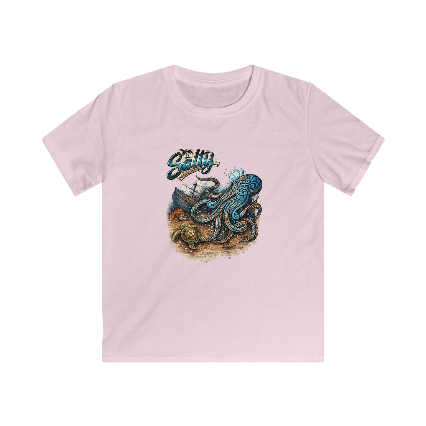Kids Tee – Colorful Octopus Beach Illustration with "Salty" Script
