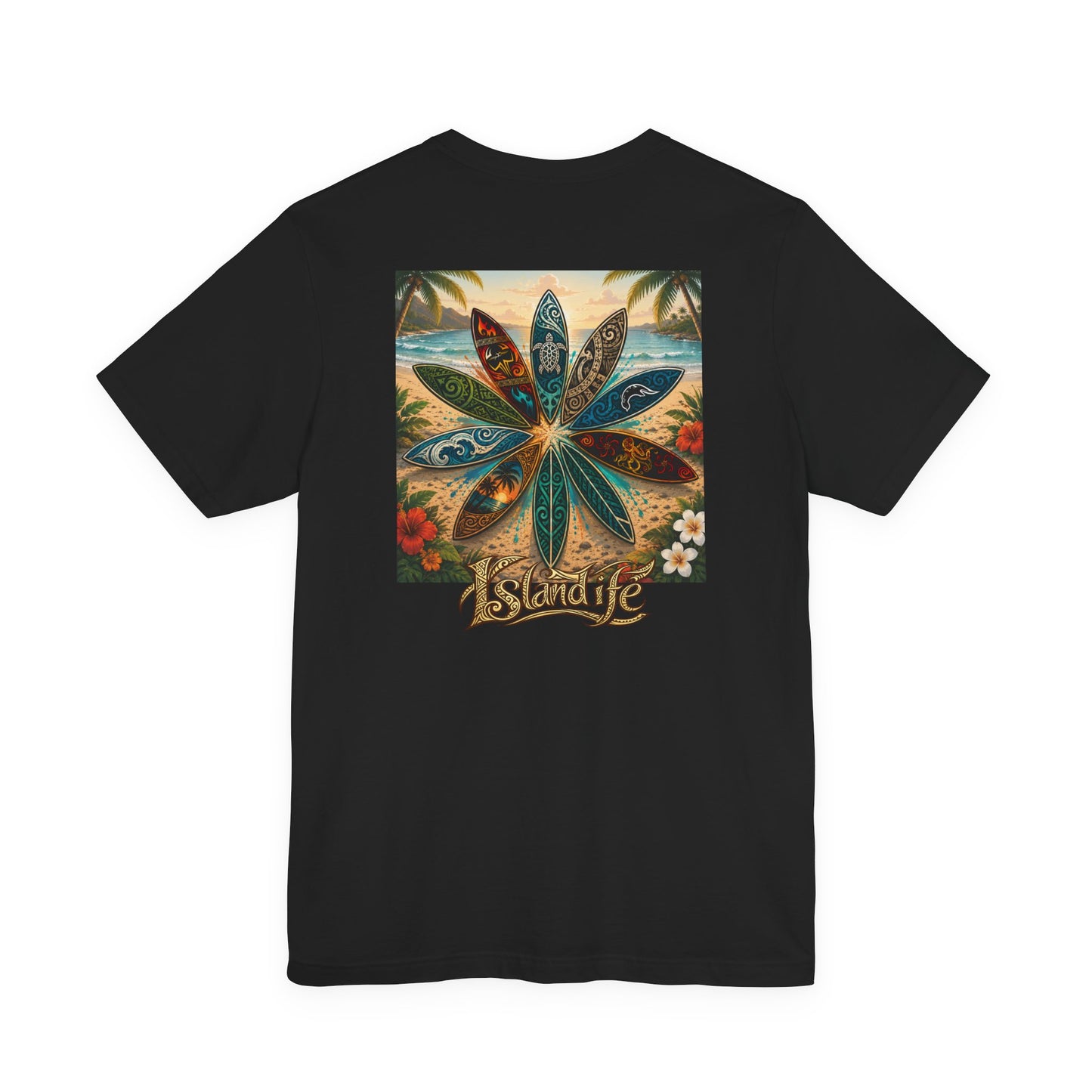Surfboard Round Table Tee — Tropical Beach Vibes Graphic T-Shirt