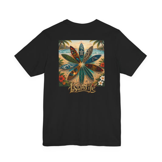 Surfboard Round Table Tee — Tropical Beach Vibes Graphic T-Shirt