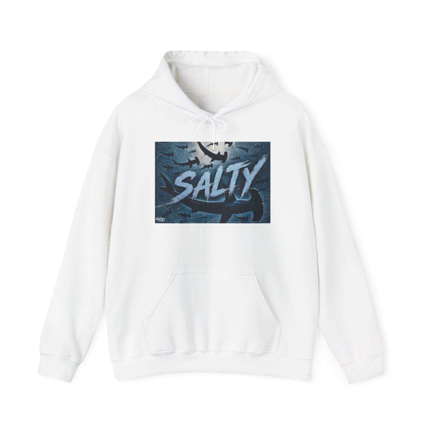 Salty Shark Graphic Hoodie | Ocean Waves, Blue Typography