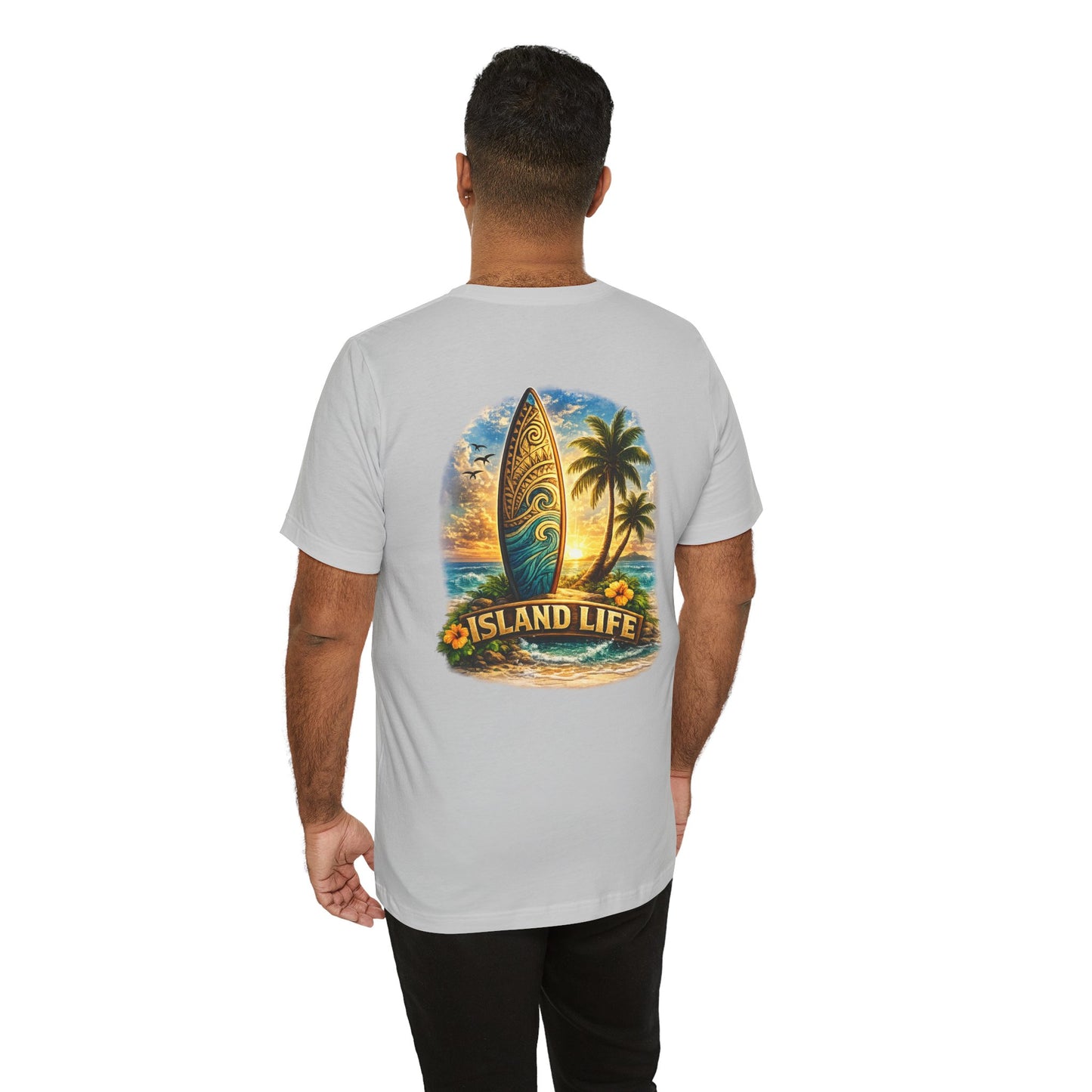 Island Life Surf T-Shirt — Tropical Surfboard & Palm Tree Tee