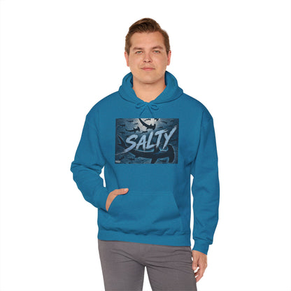 Salty Shark Graphic Hoodie | Ocean Waves, Blue Typography