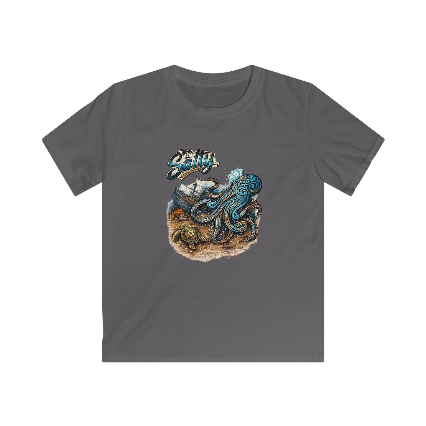 Kids Tee – Colorful Octopus Beach Illustration with "Salty" Script