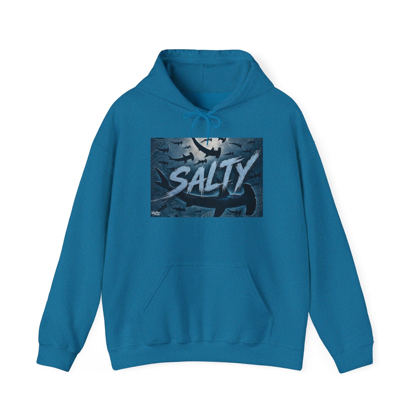 Salty Shark Graphic Hoodie | Ocean Waves, Blue Typography